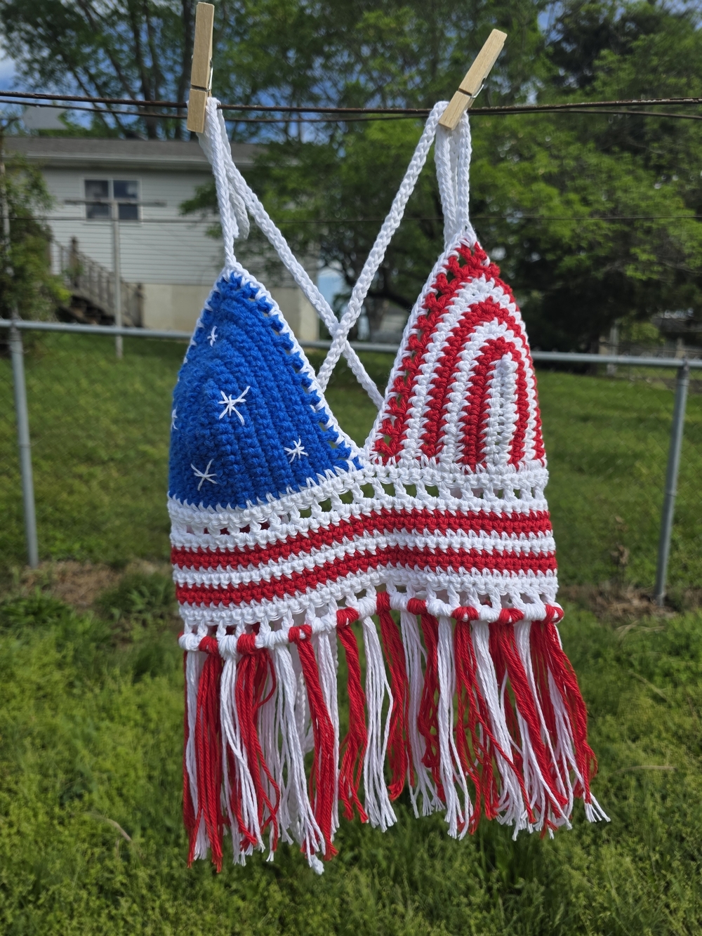 Handmade Crochet Fringe Crop Top in Red White Blue